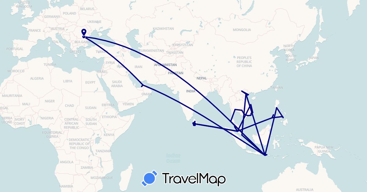 TravelMap itinerary: driving in United Arab Emirates, Indonesia, Cambodia, Sri Lanka, Malaysia, Philippines, Romania, Singapore, Thailand, Vietnam (Asia, Europe)